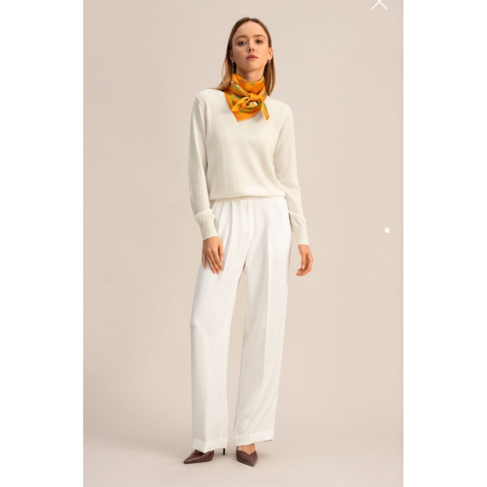 Chic White Wide Leg Trousers, 100% silk with elasticized back waist for comfort.